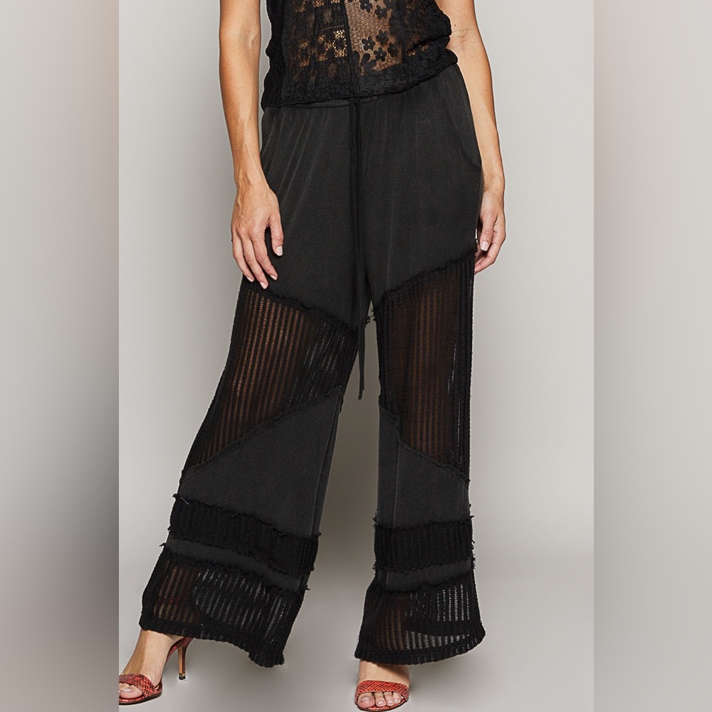 POL Black Sheer Panel Wide-Leg Pants